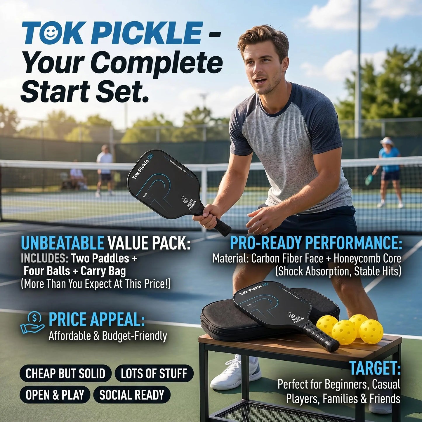 Elevate Your Game with the Tok Pickle T300 Carbon Fiber Pickleball Paddle Set - Includes 2 Wide Body Paddles, 4 Balls, and a Convenient Carry Bag for Family Fun and Beginners!