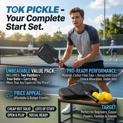 Elevate Your Game with the Tok Pickle T300 Carbon Fiber Pickleball Paddle Set - Includes 2 Wide Body Paddles, 4 Balls, and a Convenient Carry Bag for Family Fun and Beginners!